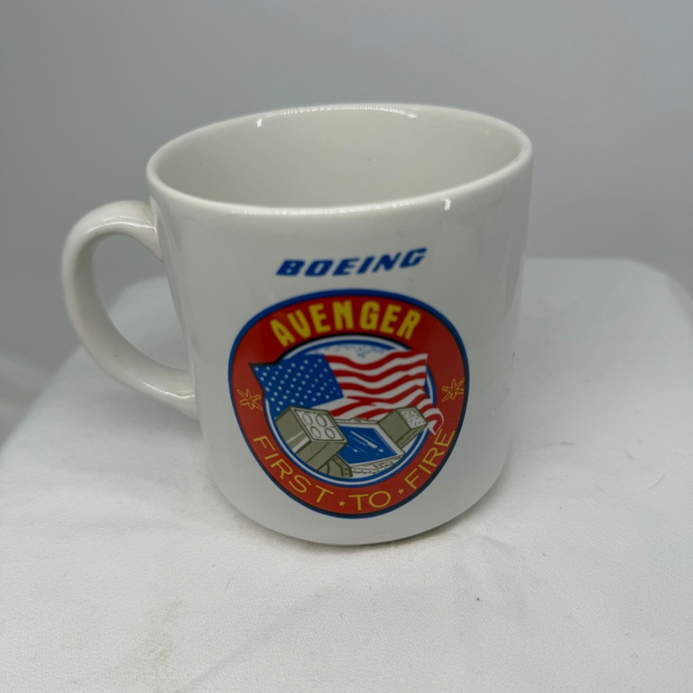 Boeing Avenger First to Fire Coffee Mug White USA American Flag Graphic‎ Cup